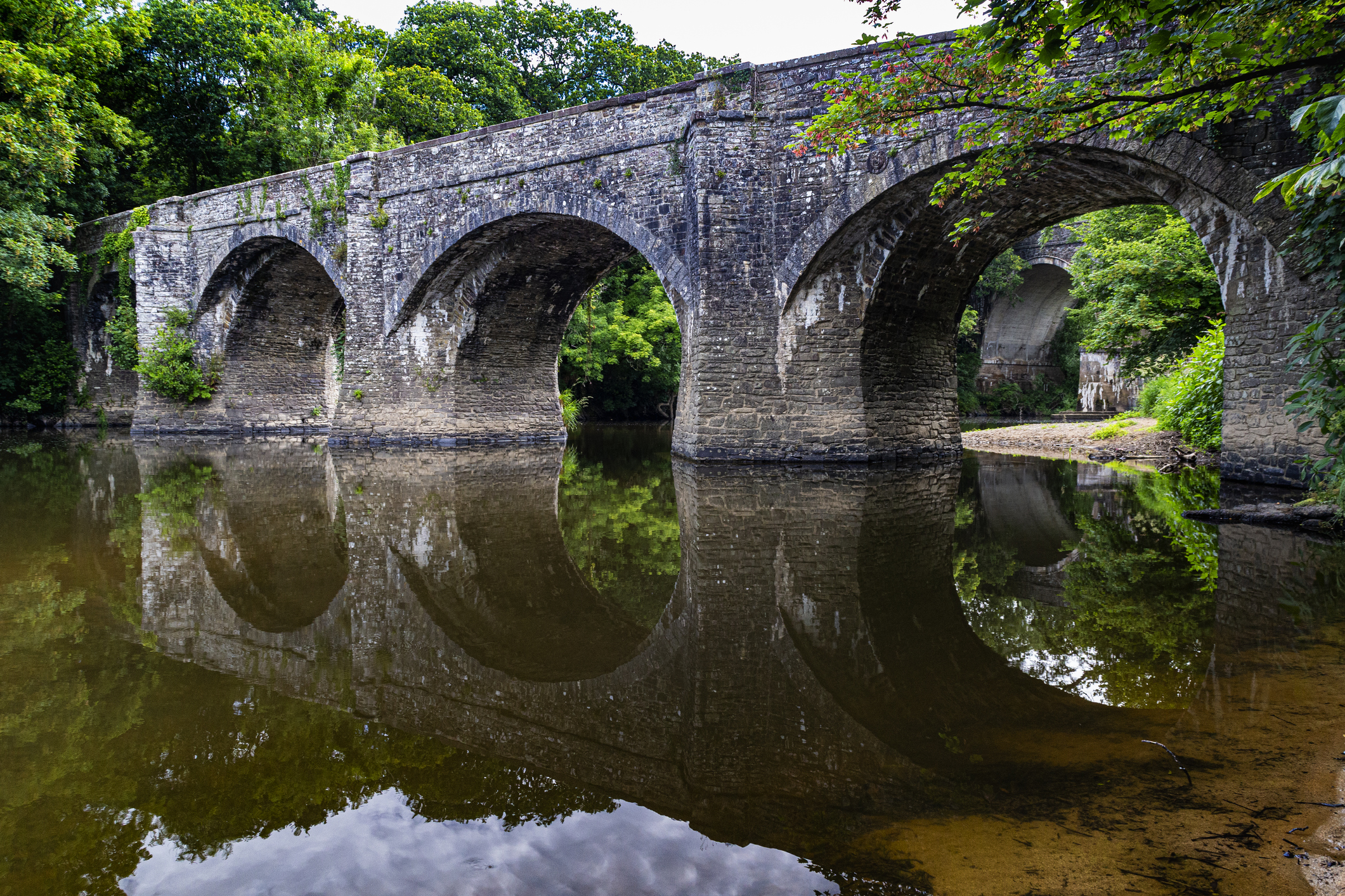 Colourful Summer Detail of Historic Rothern Bridge, Reflections and Low Water Level on the River Torridge - Upstream View